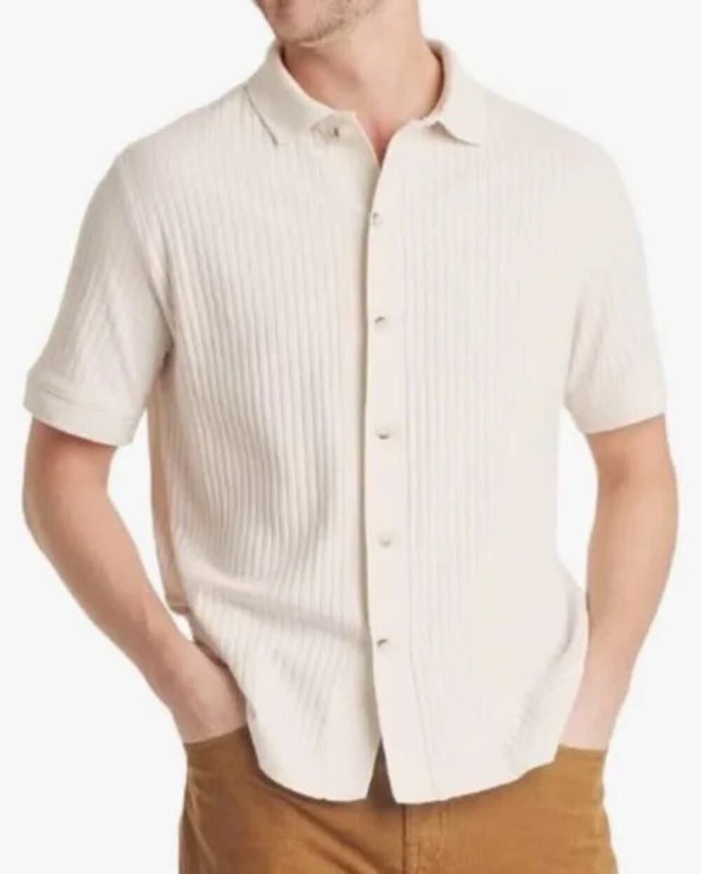 Goodfellow & Co Men’s Ribbed Button-Down Polo Shirt Cream XXL Short Sleeve